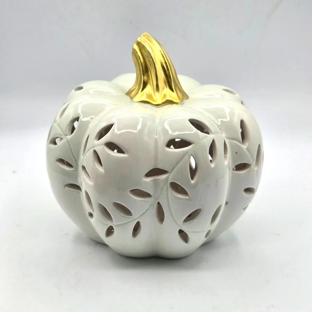 Ceramic‎ White Pumpkin with Gold Stem Battery Light Up Halloween Thanksgiving